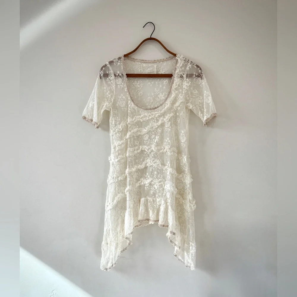 Johnny Was All White Lace Asymmetrical Short Sleeve Baby Doll Dress - Picture 3 of 13